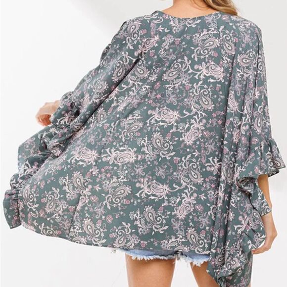 NEW! Beautiful Teal Paisley Floral Half Sleeve Kimono Duster Kaftan Bohemian - Picture 2 of 4